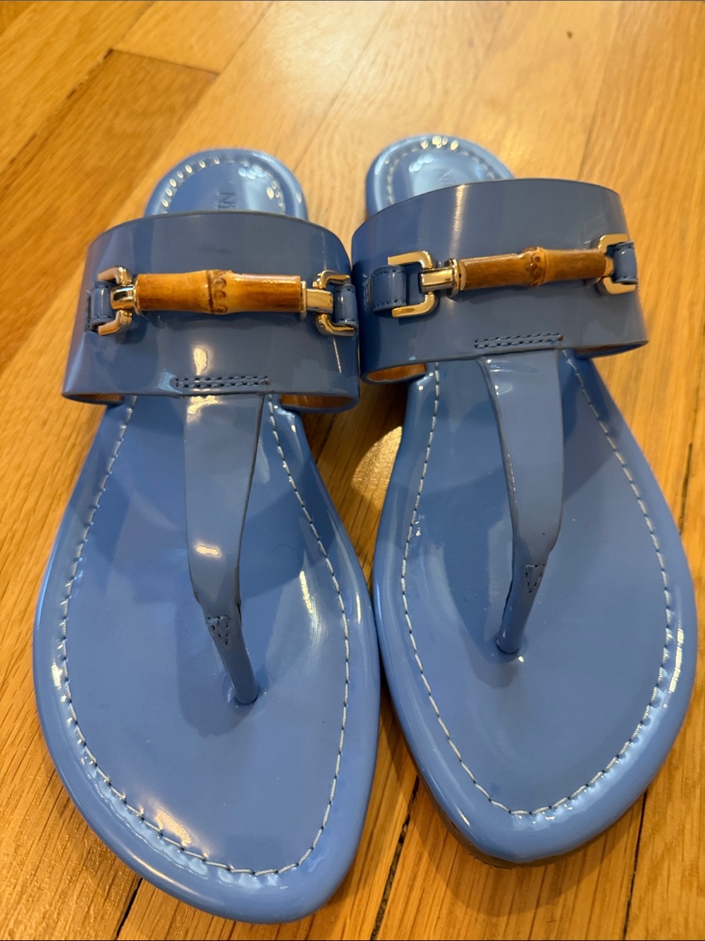 J. McLaughlin Patent Blue Thong Sandals with Gold Bamboo Accent